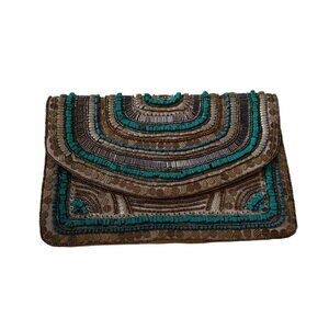 Shirdee Vintage Beaded Turquoise Beige Metallic Retro Clutch Purse Boho